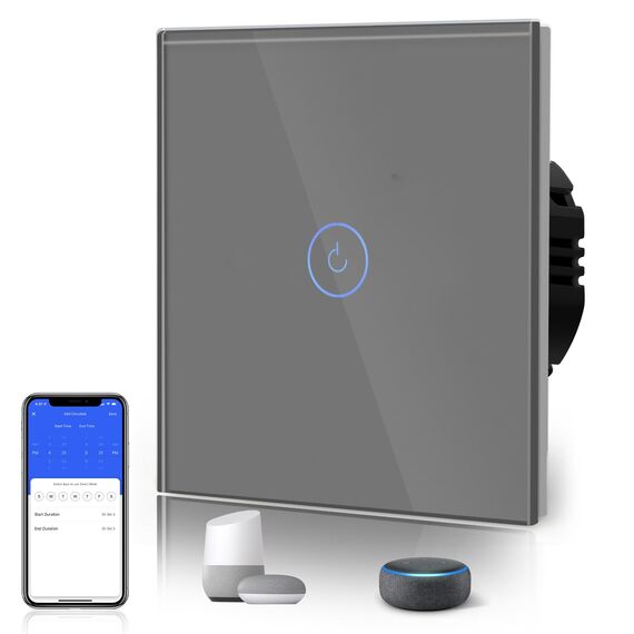 BSEED WLAN Smart Touch Lichtschalter (Neutralleiter Erforderlich), WIfI Schalter aus Glas, Alexa und Google Home Work mit Tuya, 1 Fach 1 Weg Grau