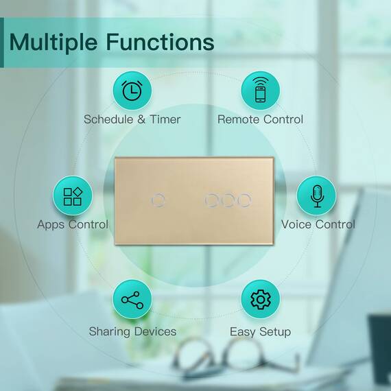 BSEED Smart Alexa Lichtschalter aus Glas, WiFi Touch Wandschalter 1 Fach 1 Weg+ 3 Fach 1 Weg (Neutralleiter Erforderlich), Alexa/Tuya/Google Home-kompatible 157mm * 86mm Gold