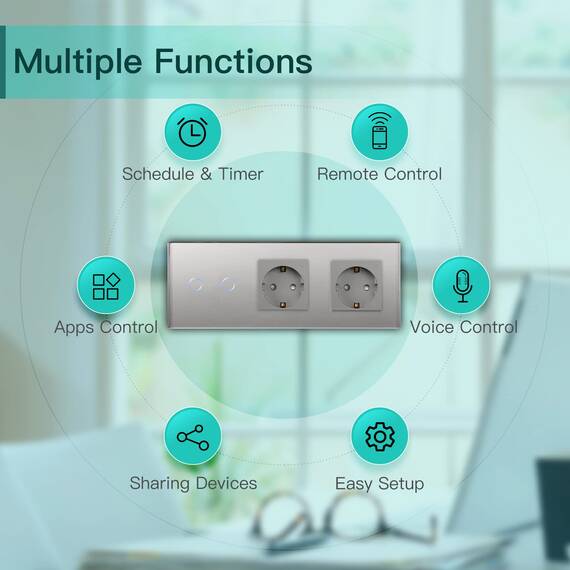 BSEED WLAN Lichtschalter(Neutralleiter Erforderlich), 2 Fach 1 Weg Schalter mit 2 Non-Wifi Steckdose aus Glas, Wifi Schalter Kompatibel mit Alexa/Tuya/Google Home/SAMRT LIFE, Grau