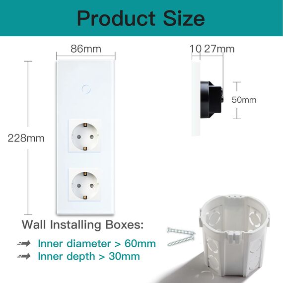 BSEED WLAN Lichtschalter(Neutralleiter Erforderlich), 1 Fach 1 Weg Schalter mit 2 Non-Wifi Steckdose aus Glas, Wifi Schalter Kompatibel mit Alexa/Tuya/Google Home/SAMRT LIFE, Weiß