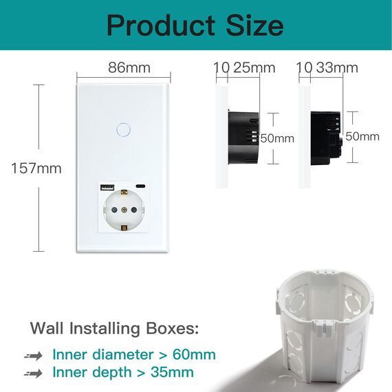 BSEED WLAN Lichtschalter(Neutralleiter Erforderlich), 1 Fach 1 Weg wifi Schalter mit Non-Wifi Steckdose USB C aus Glas, Smart Schalter Kompatibel mit Alexa/Tuya/Google Home/SAMRT LIFE, Weiß