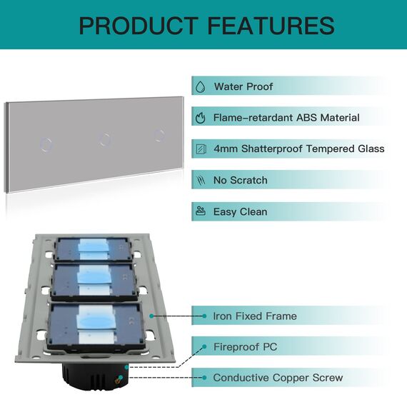 BSEED Drei Fach Smart Alexa Lichtschalter aus Glas, WiFi Touch Wandschalter 1 Fach 1 Weg (Neutralleiter Erforderlich), Alexa/Tuya/Google Home-kompatible 228mm * 86mm Grau