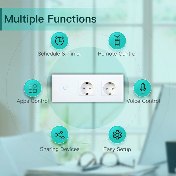 BSEED WLAN Lichtschalter(Neutralleiter Erforderlich), 1 Fach 1 Weg Schalter mit 2 Non-Wifi Steckdose aus Glas, Wifi Schalter Kompatibel mit Alexa/Tuya/Google Home/SAMRT LIFE, Weiß