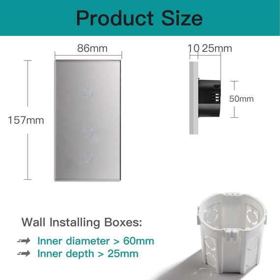 BSEED Smart Alexa Lichtschalter aus Glas, WiFi Touch Wandschalter 1 Fach 1 Weg+ 2 Fach 1 Weg (Neutralleiter Erforderlich), Alexa/Tuya/Google Home-kompatible 157mm * 86mm Grau