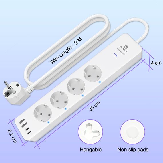 ANTELA WLAN Steckdosenleiste Alexa mit Strommessung16A 4 Steckdosen 2 USB A/2 Typ-C(Schnellladen) Mehrfachsteckdose mit Überspannungsschutz, Google Home, Smart Life APP, 2,4Ghz