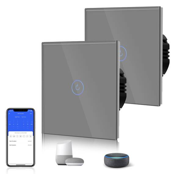 BSEED WLAN Smart Touch Lichtschalter (Neutralleiter Erforderlich), WIfI Schalter aus Glas, Alexa und Google Home Work mit Tuya, 1 Fach 1 Weg Grau, 2 Pack