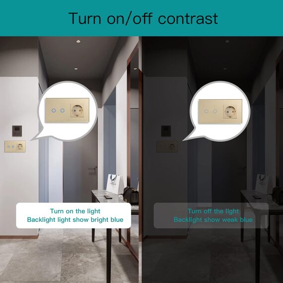 BSEED WLAN Lichtschalter(Neutralleiter Erforderlich), 2 Fach 1 Weg wifi Schalter mit Non-Wifi Steckdose aus Glas, Smart Schalter Kompatibel mit Alexa/Tuya/Google Home/SAMRT LIFE, Gold