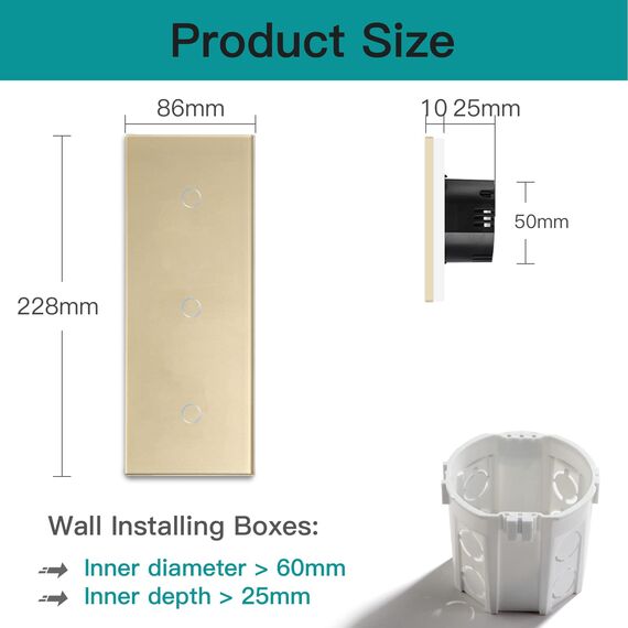 BSEED Drei Fach Smart Alexa Lichtschalter aus Glas, WiFi Touch Wandschalter 1 Fach 1 Weg (Neutralleiter Erforderlich), Alexa/Tuya/Google Home-kompatible 228mm * 86mm Gold