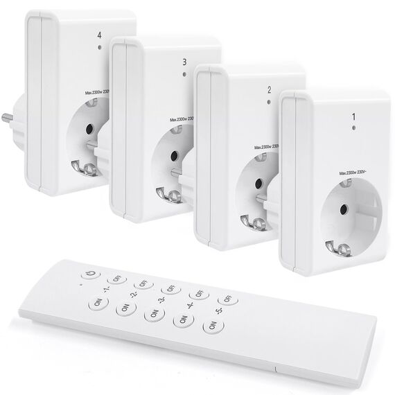 G-Homa Funksteckdosen mit Fernbedienung, 4er Steckdose Set mit 1er Fernbedienung für Haushaltsgeräte, Weihnachtsbeleuchtung, 30M Große Reichweite, Programmierbar, 2300W/10A, CE-gelistet, Weiß