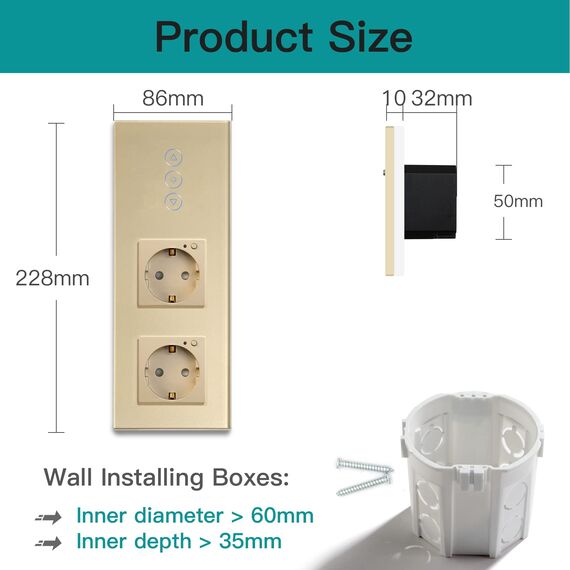 BSEED WiFi Smart Alexa Dimmer Lichtschalter mit Doppelt Steckdose, Kompatibel mit Google Home Tuya, Glas Touchscreen-schalter Wlan Lichtschalter (Neutrale Leitung Benötigt) 1 Fach mit Steckdose Gold