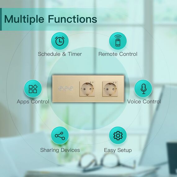 BSEED WiFi Smart Alexa Dimmer Lichtschalter mit Doppelt Steckdose, Kompatibel mit Google Home Tuya, Glas Touchscreen-schalter Wlan Lichtschalter (Neutrale Leitung Benötigt) 1 Fach mit Steckdose Gold