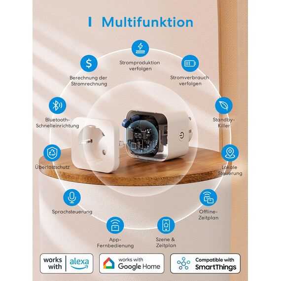 Meross WLAN Steckdose 16A, Stromverbrauch Messen, Stromzähler für Balkonkraftwerk, Smart Bluetooth mit Sprach- und Fernsteuerung, Timer, Smart Plug Kompatibel mit Alexa, Google Home, 4 Stück