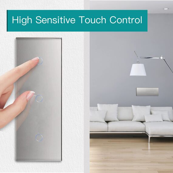 BSEED Drei Fach Smart Alexa Lichtschalter aus Glas, WiFi Touch Wandschalter 1 Fach 1 Weg (Neutralleiter Erforderlich), Alexa/Tuya/Google Home-kompatible 228mm * 86mm Grau