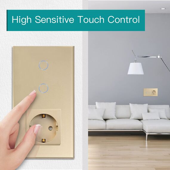 BSEED WLAN Lichtschalter(Neutralleiter Erforderlich), 2 Fach 1 Weg wifi Schalter mit Non-Wifi Steckdose aus Glas, Smart Schalter Kompatibel mit Alexa/Tuya/Google Home/SAMRT LIFE, Gold