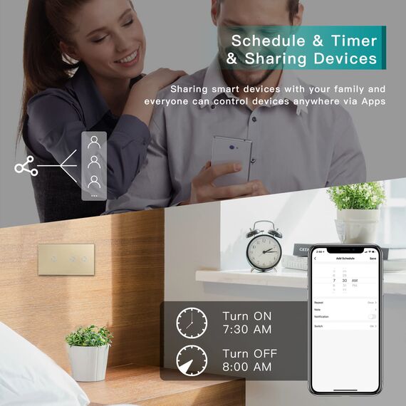 BSEED Smart Alexa Lichtschalter aus Glas, WiFi Touch Wandschalter 2 Fach 1 Weg+ 1 Fach 1 Weg (Neutralleiter Erforderlich), Alexa/Tuya/Google Home-kompatible 157mm * 86mm Gold
