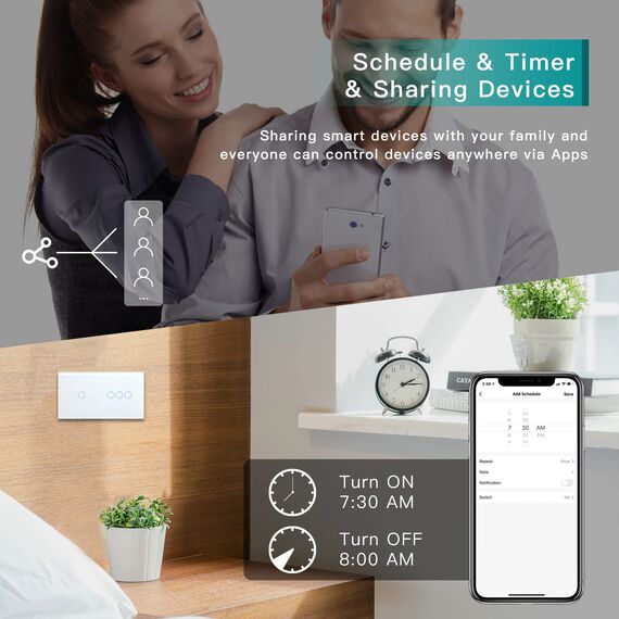 BSEED Smart Alexa Lichtschalter aus Glas, WiFi Touch Wandschalter 1 Fach 1 Weg+ 3 Fach 1 Weg (Neutralleiter Erforderlich), Alexa/Tuya/Google Home-kompatible 157mm * 86mm Weiß