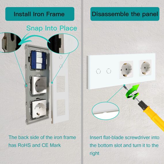 BSEED WLAN Lichtschalter(Neutralleiter Erforderlich), 2 Fach 1 Weg Schalter mit 2 Non-Wifi Steckdose aus Glas, Wifi Schalter Kompatibel mit Alexa/Tuya/Google Home/SAMRT LIFE, Weiß