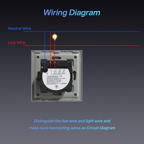 BSEED WLAN Smart Touch Lichtschalter (Neutralleiter Erforderlich), WIfI Schalter aus Glas, Alexa und Google Home Work mit Tuya, 1 Fach 1 Weg Grau