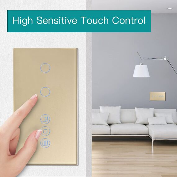 BSEED Alexa WiFi Touch Schalter 2 Fach 1 Weg Fernbedienung mit Smart Life/Tuya APP mit Smart Rolladenschalter Jalousieschalter Alexa und Google Home Kompatibel Gold