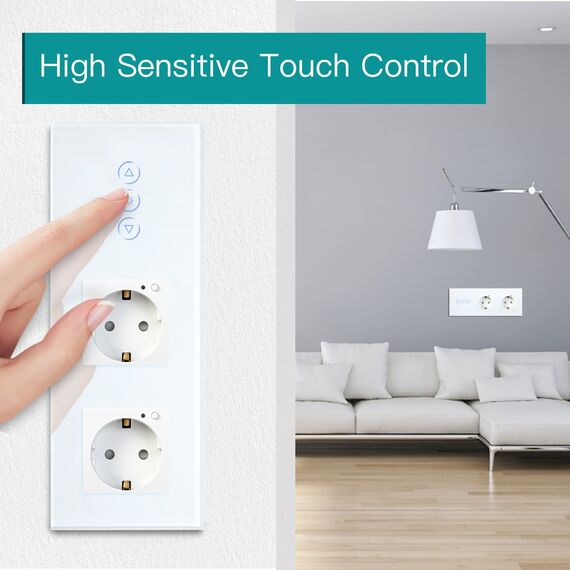 BSEED WiFi Smart Alexa Dimmer Lichtschalter mit Doppelt Steckdose, Kompatibel mit Google Home Tuya, Glas Touchscreen-schalter Wlan Lichtschalter (Neutrale Leitung Benötigt) 1 Fach mit Steckdose Weiß