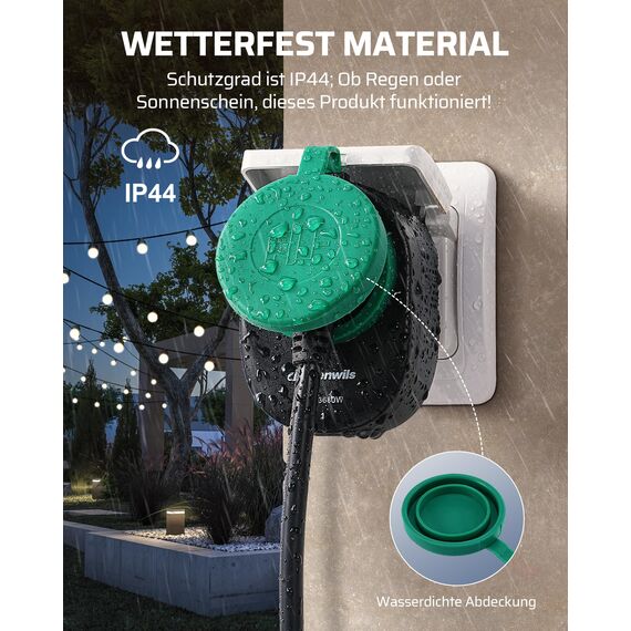 DEWENWILS Funksteckdosen mit Fernbedienung Aussen, 16A 3680W, IP44, 2er Steckdosen, Feiertagsdeko, 30m Reichweite, Programmierbar, wasserdicht