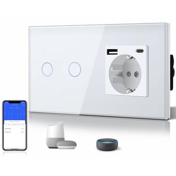 BSEED WLAN Lichtschalter(Neutralleiter Erforderlich), 2 Fach 1 Weg wifi Schalter mit Non-Wifi Steckdose USB C aus Glas, Smart Schalter Kompatibel mit Alexa/Tuya/Google Home/SAMRT LIFE, Weiß