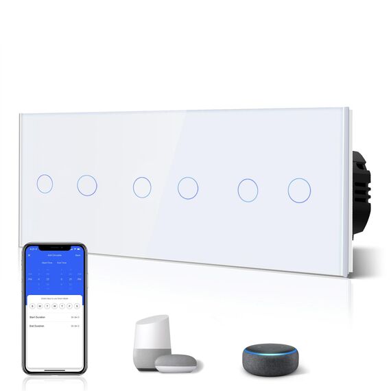 BSEED Drei Fach Smart Alexa Lichtschalter aus Glas, WiFi Touch Wandschalter 2 Fach 1 Weg (Neutralleiter Erforderlich), Alexa/Tuya/Google Home-kompatible 228mm * 86mm Weiß