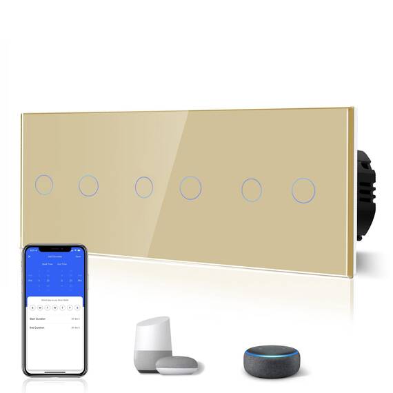 BSEED Drei Fach Smart Alexa Lichtschalter aus Glas, WiFi Touch Wandschalter 2 Fach 1 Weg (Neutralleiter Erforderlich), Alexa/Tuya/Google Home-kompatible 228mm * 86mm Gold