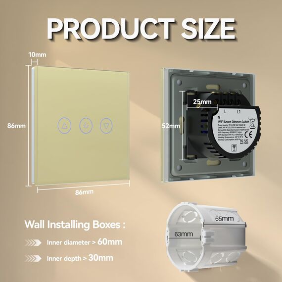 BSEED Dimmer Smart Alexa Lichtschalter 300W Touch Control WIFI Wandlichtschalter (Neutrale Leitung Erforderlich) mit Alexa/Tuya/Google Home 1 Fach 1 Weg Gold