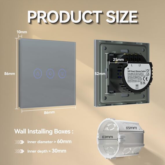 BSEED Dimmer Smart Alexa Lichtschalter 300W Touch Control WIFI Wandlichtschalter (Neutrale Leitung Erforderlich) mit Alexa/Tuya/Google Home 1 Fach 1 Weg Grau