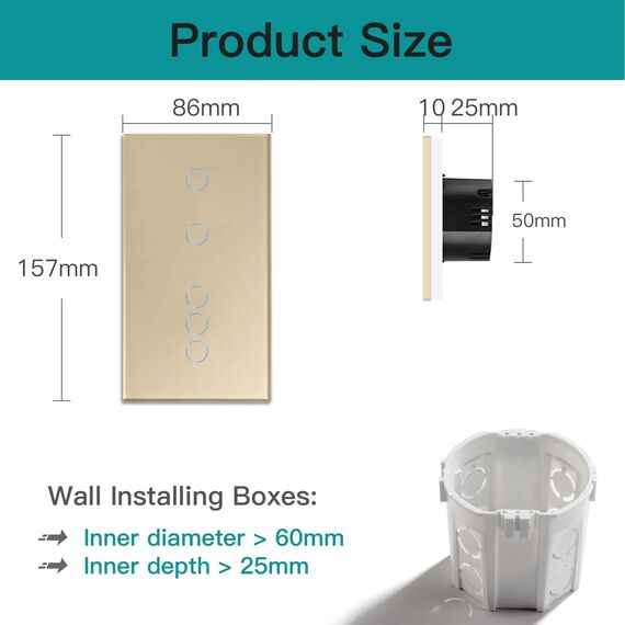 BSEED Smart Alexa Lichtschalter Touch 2-Fach und 3-Fach 1-Weg (Neutralleiter Erforderlich) Alexa/Tuya/Google Home-kompatible aus Glas 157 * 86 Gold