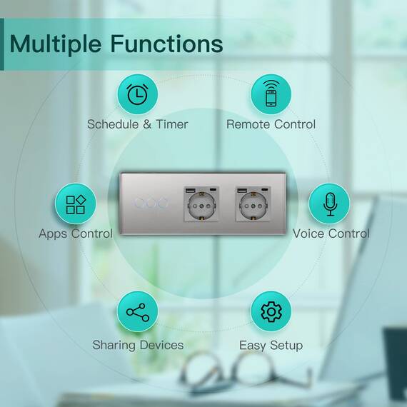 BSEED WLAN Lichtschalter(Neutralleiter Erforderlich), 3 Fach 1 Weg Schalter mit 2 Non-Wifi Steckdose mit USB C aus Glas, Wifi Schalter Kompatibel mit Alexa/Tuya/Google Home/SAMRT LIFE, Grau