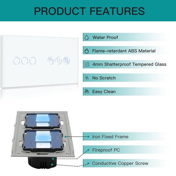 BSEED Alexa WiFi Touch Schalter 3 Fach 1 Weg Fernbedienung mit Smart Life/Tuya APP mit Smart Rolladenschalter Jalousieschalter Alexa und Google Home Kompatibel Weiß
