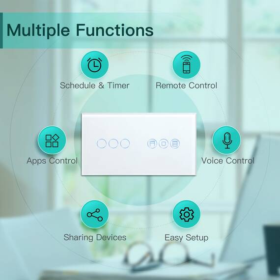 BSEED Alexa WiFi Touch Schalter 3 Fach 1 Weg Fernbedienung mit Smart Life/Tuya APP mit Smart Rolladenschalter Jalousieschalter Alexa und Google Home Kompatibel Weiß