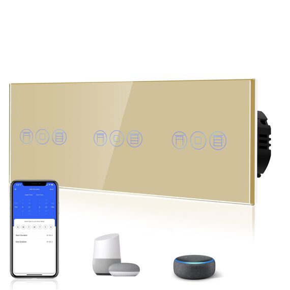 BSEED Smart Alexa Tripel Rolladenschalter,Fernbedienung mit Smart Life APP, Kompatibel mit Alexa und Google Home,Tripel Jalousieschalter mit Touch Panel Gold,APP Fernbedienung und Timing Funktion