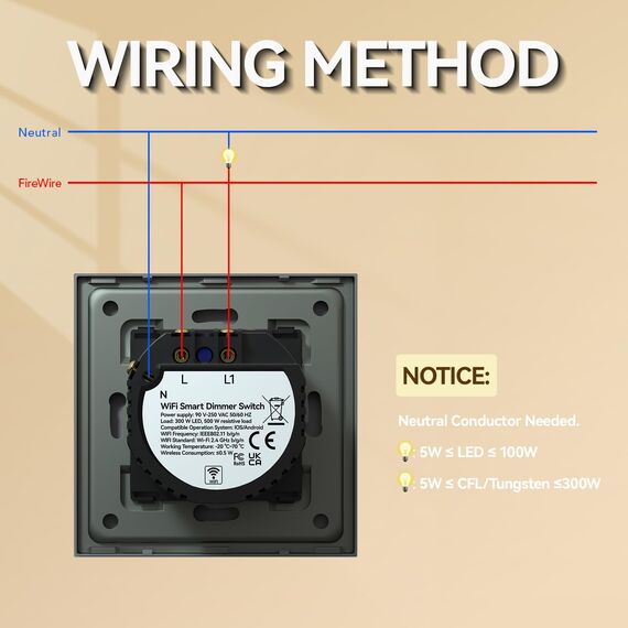 BSEED Dimmer Smart Alexa Lichtschalter 300W Touch Control WIFI Wandlichtschalter (Neutrale Leitung Erforderlich) mit Alexa/Tuya/Google Home 1 Fach 1 Weg Grau