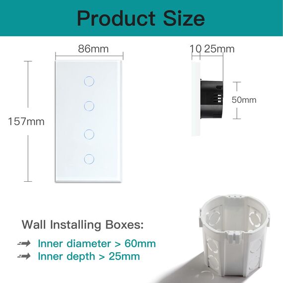 BSEED Smart Alexa Lichtschalter aus Glas, WiFi Touch Wandschalter 2 Fach 1 Weg+ 2 Fach 1 Weg (Neutralleiter Erforderlich), Alexa/Tuya/Google Home-kompatible 157mm * 86mm Weiß