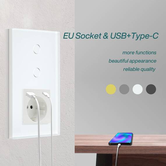 BSEED WLAN Lichtschalter(Neutralleiter Erforderlich), 2 Fach 1 Weg wifi Schalter mit Non-Wifi Steckdose USB C aus Glas, Smart Schalter Kompatibel mit Alexa/Tuya/Google Home/SAMRT LIFE, Weiß