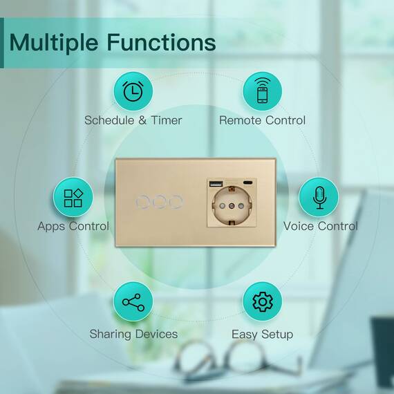 BSEED WLAN Lichtschalter(Neutralleiter Erforderlich), 3 Fach 1 Weg wifi Schalter mit Non-Wifi Steckdose USB C aus Glas, Smart Schalter Kompatibel mit Alexa/Tuya/Google Home/SAMRT LIFE, Gold