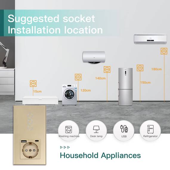 BSEED WLAN Lichtschalter(Neutralleiter Erforderlich), 3 Fach 1 Weg wifi Schalter mit Non-Wifi Steckdose USB C aus Glas, Smart Schalter Kompatibel mit Alexa/Tuya/Google Home/SAMRT LIFE, Gold