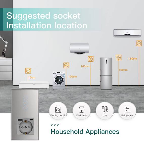 BSEED WLAN Lichtschalter(Neutralleiter Erforderlich), 3 Fach 1 Weg wifi Schalter mit Non-Wifi Steckdose USB C aus Glas, Smart Schalter Kompatibel mit Alexa/Tuya/Google Home/SAMRT LIFE, Grau