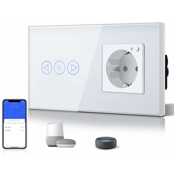 BSEED WiFi Smart Alexa Dimmer Lichtschalter mit Steckdose, Kompatibel mit Google Home Tuya, Glas Touchscreen-schalter Wlan Lichtschalter (Neutrale Leitung Benötigt) 1 Fach mit EU Steckdose Weiß