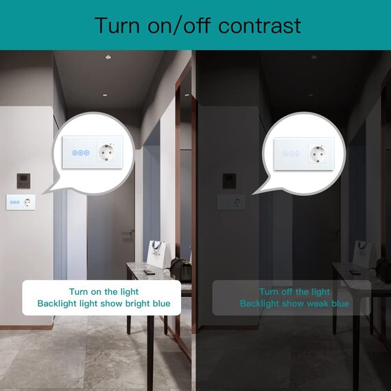 BSEED WiFi Smart Alexa Dimmer Lichtschalter mit Steckdose, Kompatibel mit Google Home Tuya, Glas Touchscreen-schalter Wlan Lichtschalter (Neutrale Leitung Benötigt) 1 Fach mit EU Steckdose Weiß