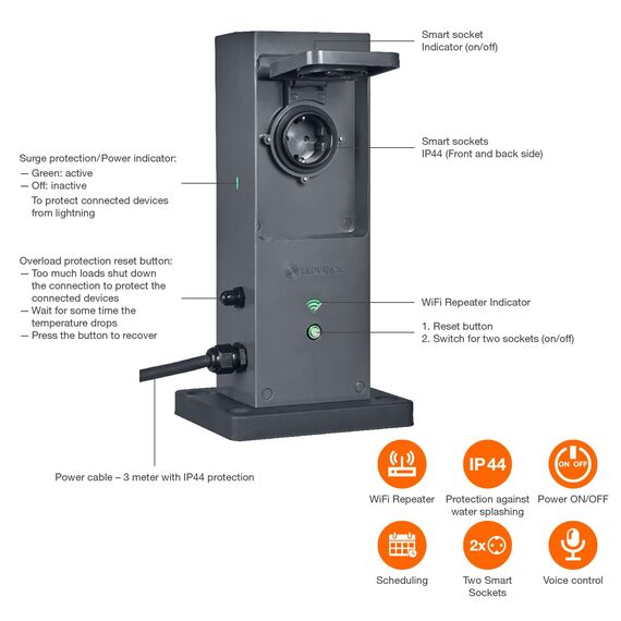 LEDVANCE SMART+ WiFi Outdoor Terminal EU mit integriertem Repeater & 2 Steckdosen, weiß, 230V, erweitert die WLAN-Zone im Freien, Kopplung von drahtlosen Geräten, App-steuerbar, 3 Jahre Garantie, IP44