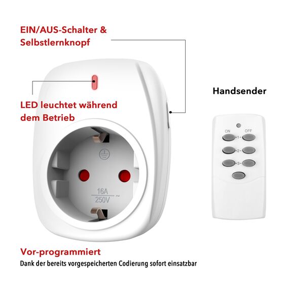 HBN 2X Funksteckdosen mit 1 Fernbedienung, 16A/3.680W Ferngesteuerte Stecker Set für Innen Weihnachtsdeko, Haushaltsgeräte, Reichweite 30m, Weiß