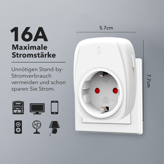 HBN 2X Funksteckdosen mit 1 Fernbedienung, 16A/3.680W Ferngesteuerte Stecker Set für Innen Weihnachtsdeko, Haushaltsgeräte, Reichweite 30m, Weiß