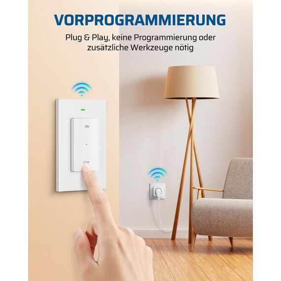 DEWENWILS Funksteckdose mit Fernbedienung, 16A 3680W, Plug-In Ein/Aus Funk-Wandschalter, kein Kabel erforderlich, erweiterbarer Lichtschalter für Feiertagsdeko, 30m Reichweite, Vorprogrammiert, Weiß