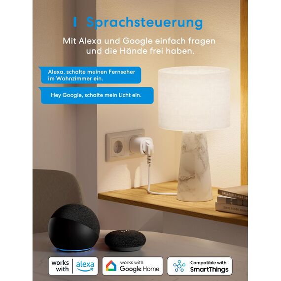 Meross Smart WLAN Steckdose mit Strommessung 16A, Zeitschaltuhr Steckdose mit Sprachsteuerung, Fernzugriff, Smart Home WiFi Steckdosen kompatibel mit Alexa, Google Home, SmartThings, 2er