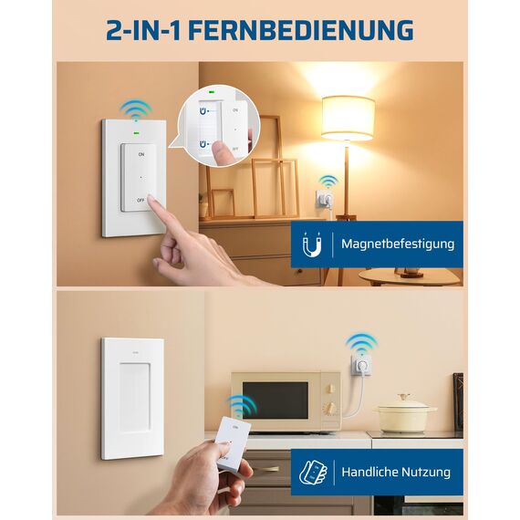 DEWENWILS Funksteckdose mit Fernbedienung, 16A 3680W, Plug-In Ein/Aus Funk-Wandschalter, kein Kabel erforderlich, erweiterbarer Lichtschalter für Feiertagsdeko, 30m Reichweite, Vorprogrammiert, Weiß