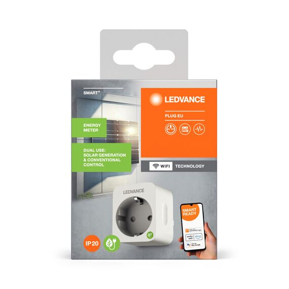 LEDVANCE Smarter WiFi Plug mit Energy Meter, misst sowohl Stromverbrauch als auch Energieerzeugung von Solaranlagen, integriert konventionelle Geräte ins Smart Home, steuerbar mit Alexa & Google
